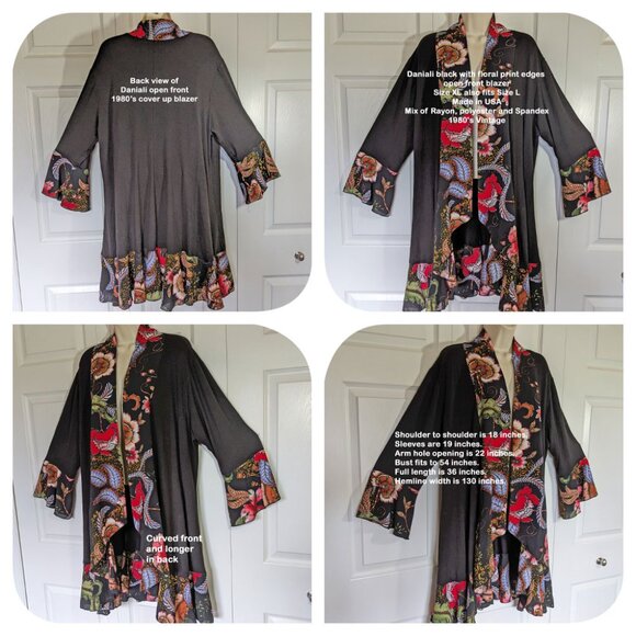 Daniali black with floral print edges open front blazer, Sz XL, also fits Sz L, - Picture 15 of 15